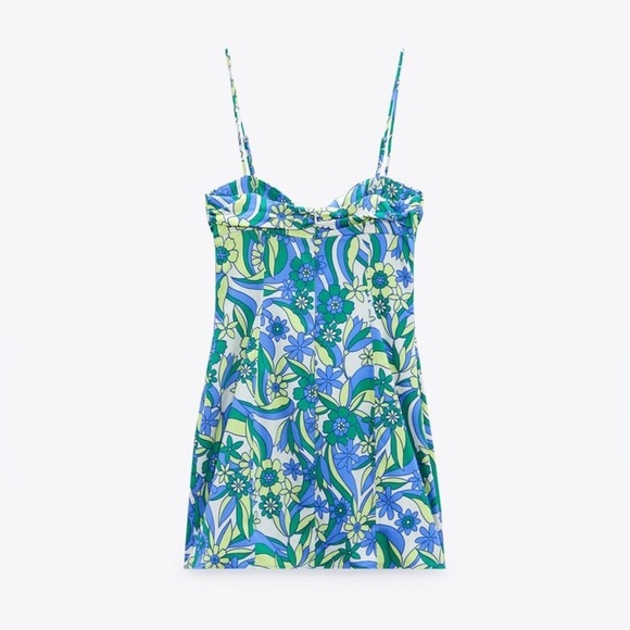 🌹NWT. Zara Blue/Green Floral Print Cut-Out Mini Dress. Size XL. - Picture 7 of 11